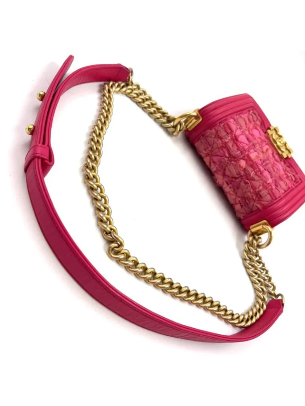 Chanel Boy Small Tweed Lambskin Pink Chain Shoulder Bag Gold